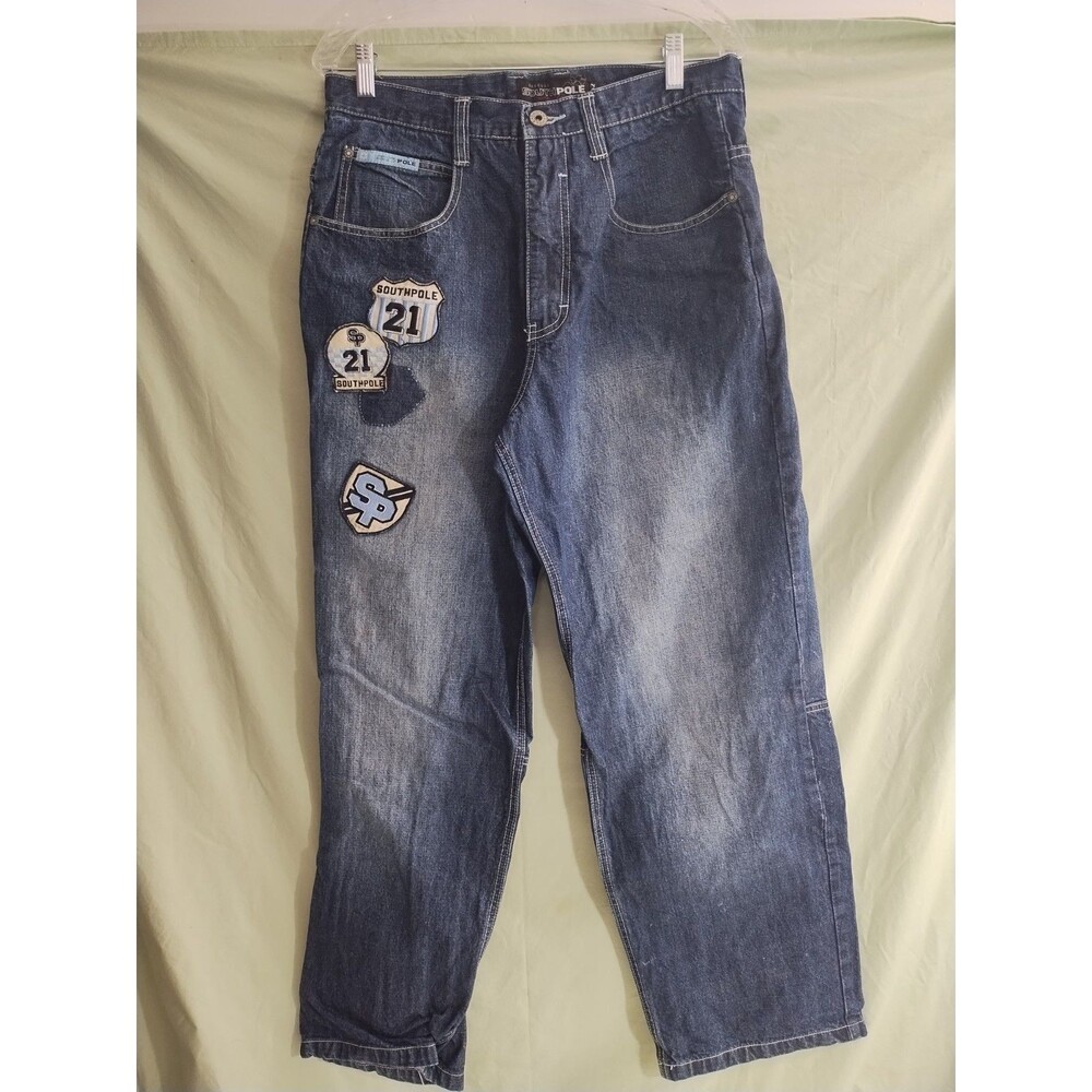 Southpole Jeans Men 32 Blue Baggy Wide Leg Embroidered Patches Y2K Hip Hop Denim